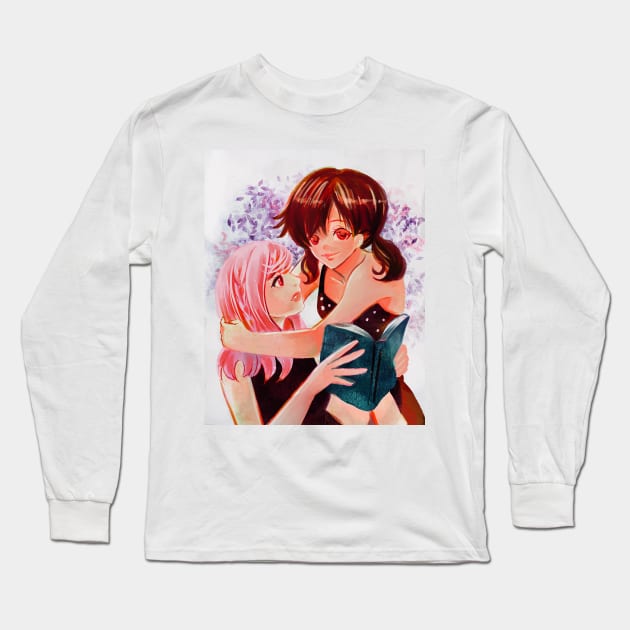 Two girl hugging pastel color yuri lesbian manga style Long Sleeve T-Shirt by meisanmui